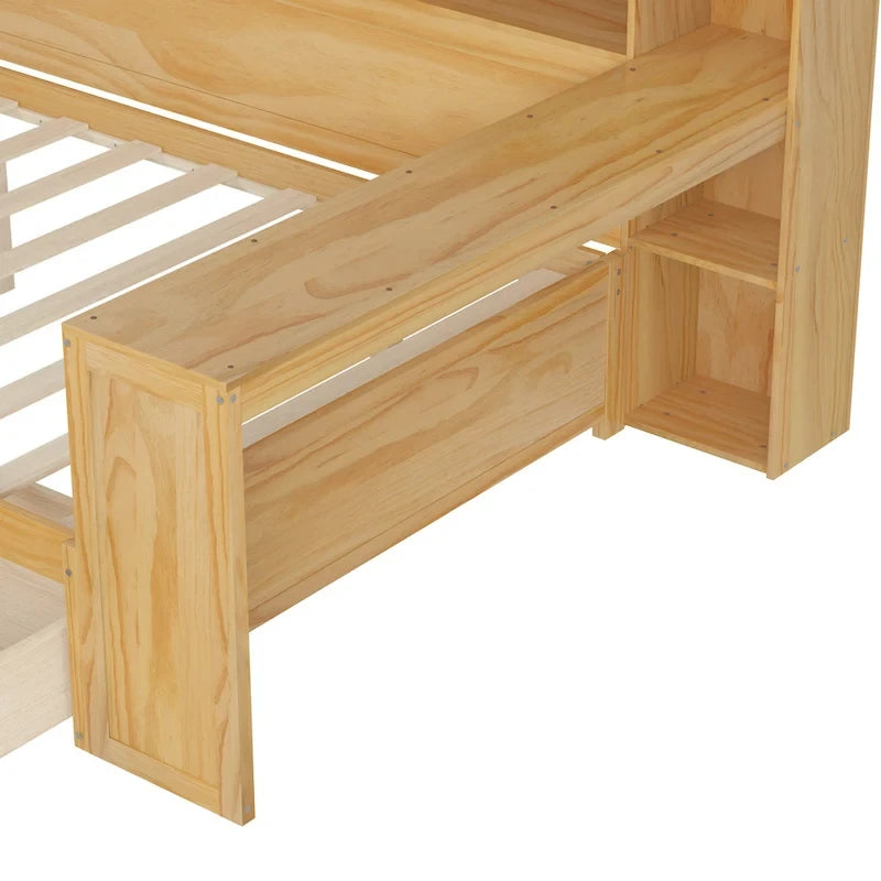 Lit de repos double en bois avec étagères de rangement, deux tiroirs et bureau, Naturel