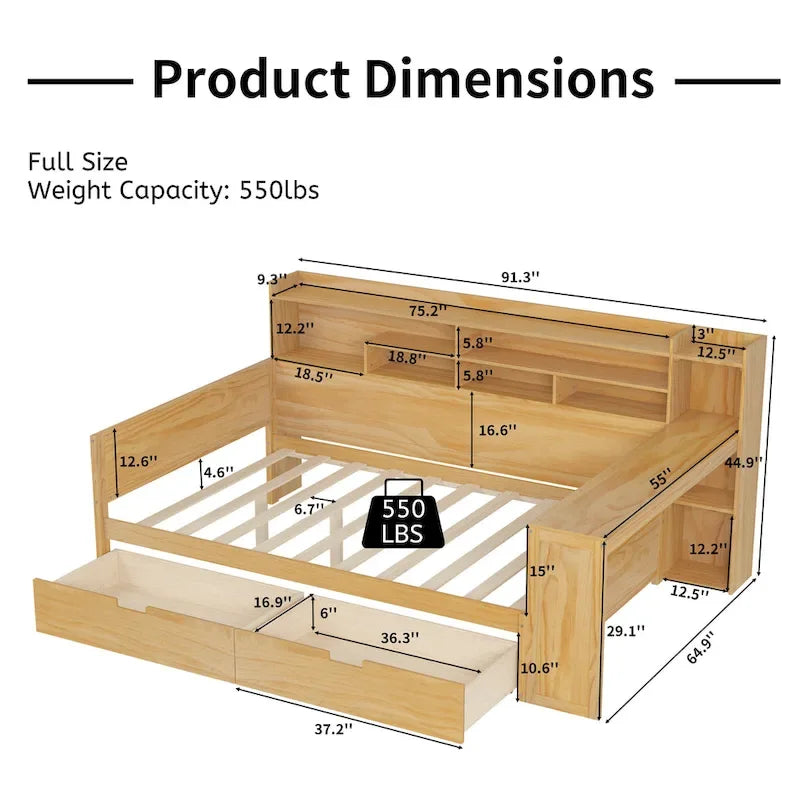 Lit de repos double en bois avec étagères de rangement, deux tiroirs et bureau, Naturel