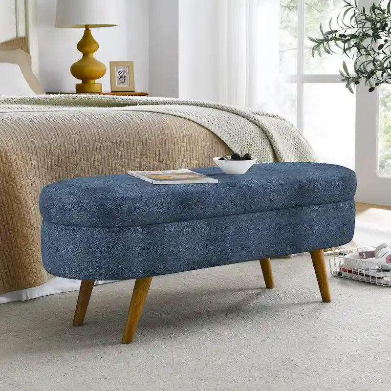 Banc de chambre ovale de 43,5 po en tissu de lin capitonné, pouf de rangement avec pieds en bois massif, banc d'entrée