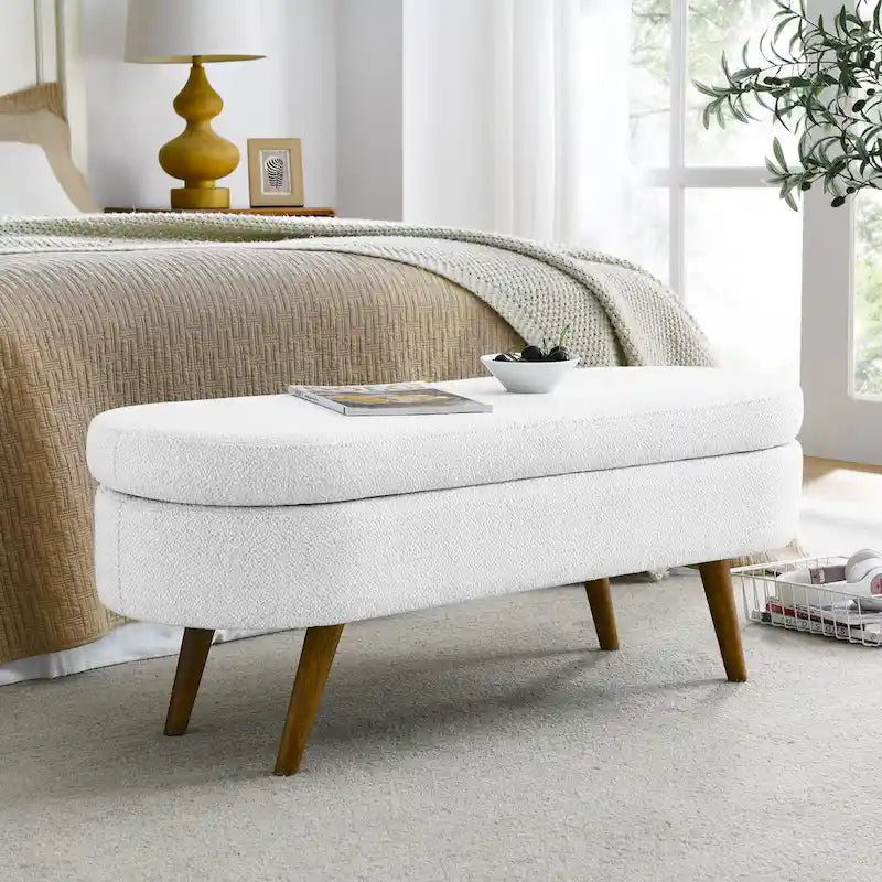 Banc de chambre ovale de 43,5 po en tissu de lin capitonné, pouf de rangement avec pieds en bois massif, banc d'entrée
