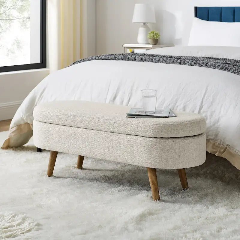 Banc de chambre ovale de 43,5 po en tissu de lin capitonné, pouf de rangement avec pieds en bois massif, banc d'entrée