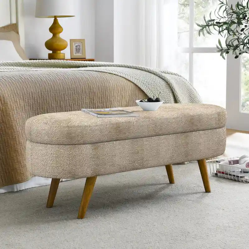 Banc de chambre ovale de 43,5 po en tissu de lin capitonné, pouf de rangement avec pieds en bois massif, banc d'entrée