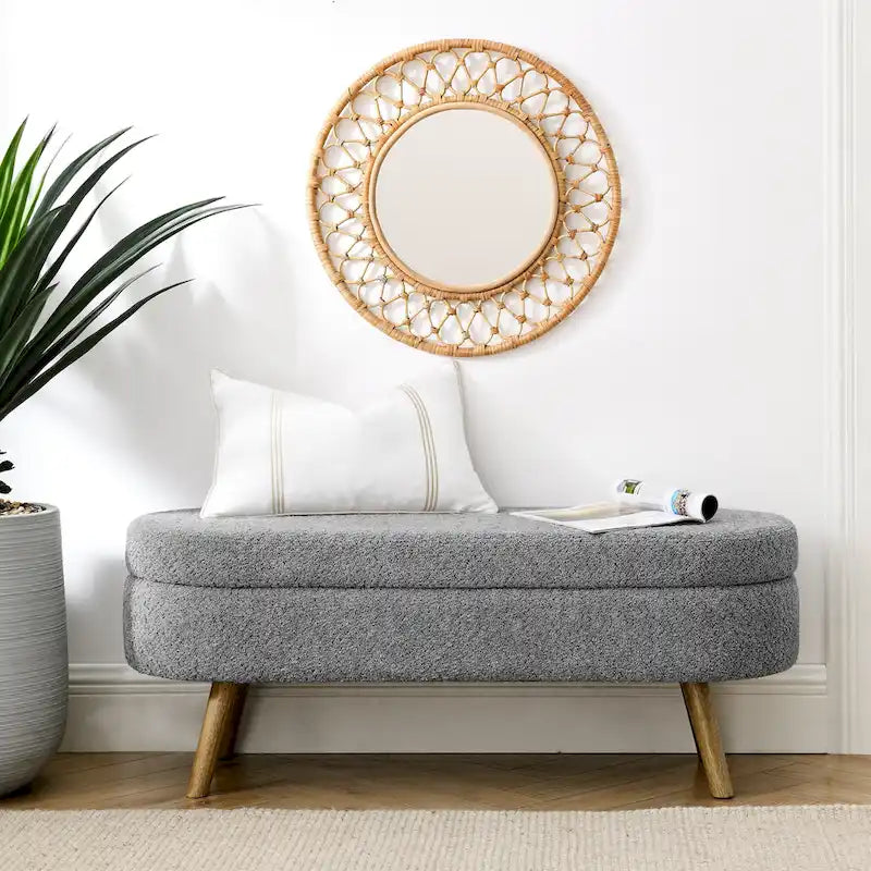 Banc de chambre ovale de 43,5 po en tissu de lin capitonné, pouf de rangement avec pieds en bois massif, banc d'entrée