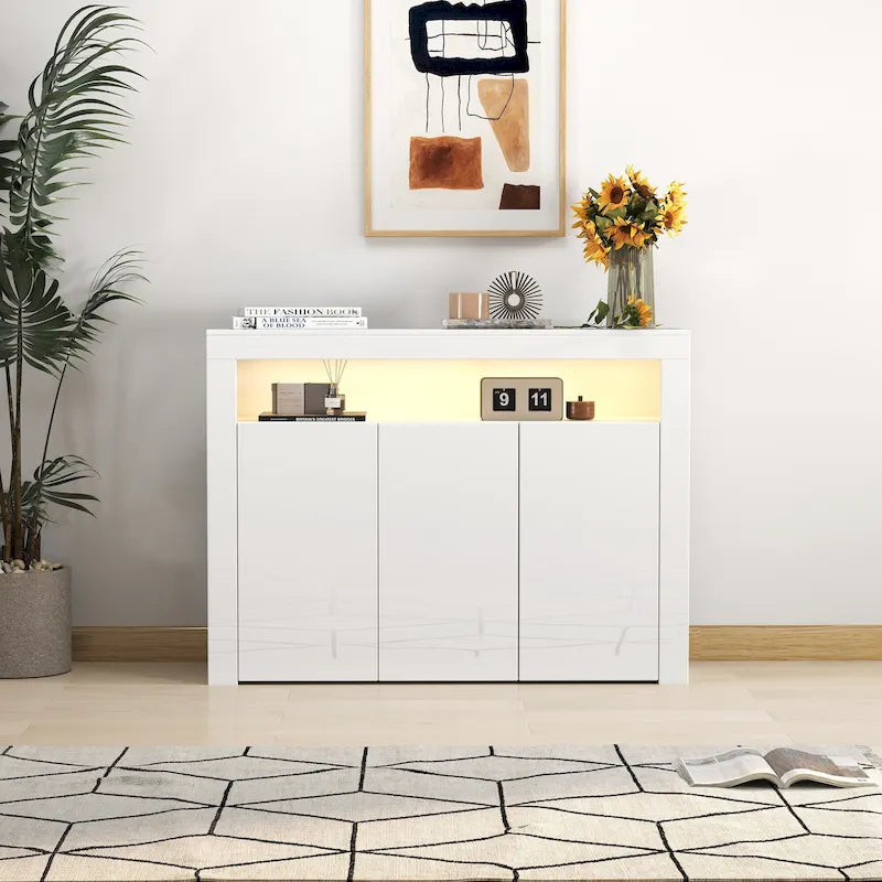 Buffet de salon meuble de rangement noir brillant avec lumière LED, meuble de cuisine moderne placard en bois