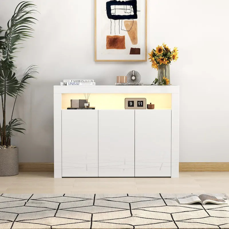 Buffet de salon meuble de rangement noir brillant avec lumière LED, meuble de cuisine moderne placard en bois