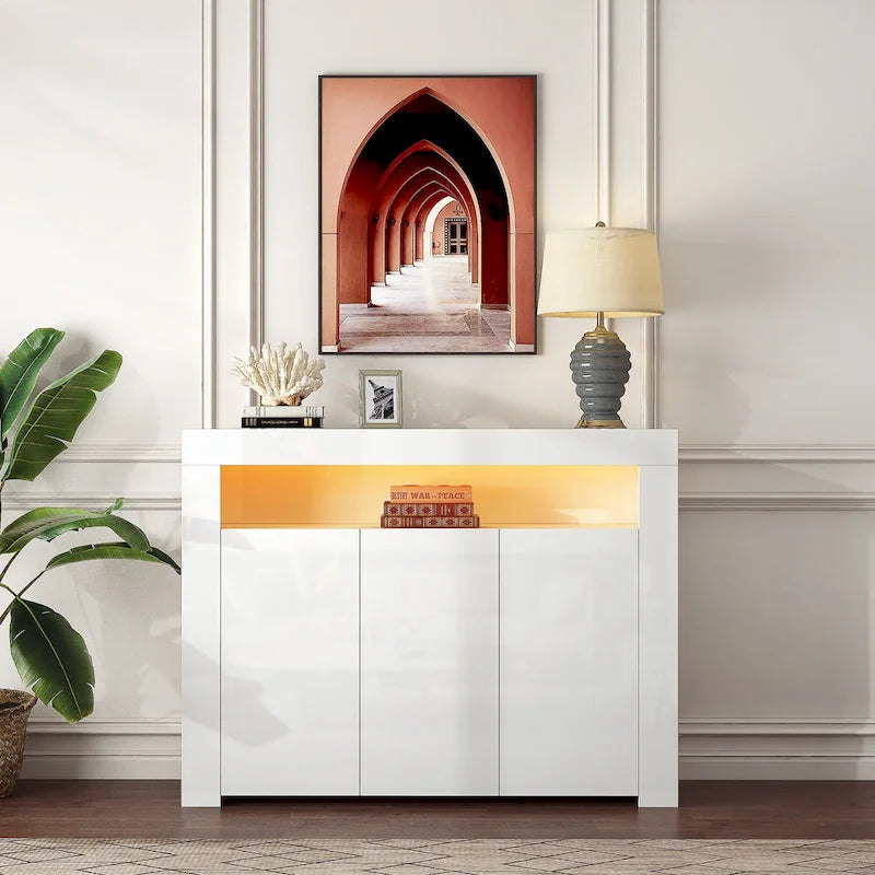 Buffet de salon meuble de rangement noir brillant avec lumière LED, meuble de cuisine moderne placard en bois