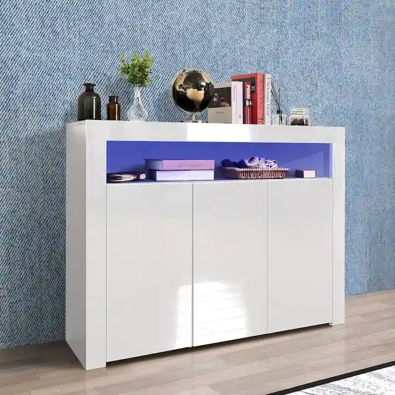Buffet de salon meuble de rangement noir brillant avec lumière LED, meuble de cuisine moderne placard en bois