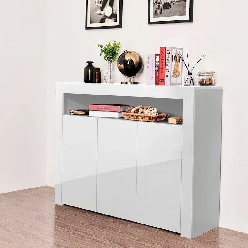 Buffet de salon meuble de rangement noir brillant avec lumière LED, meuble de cuisine moderne placard en bois