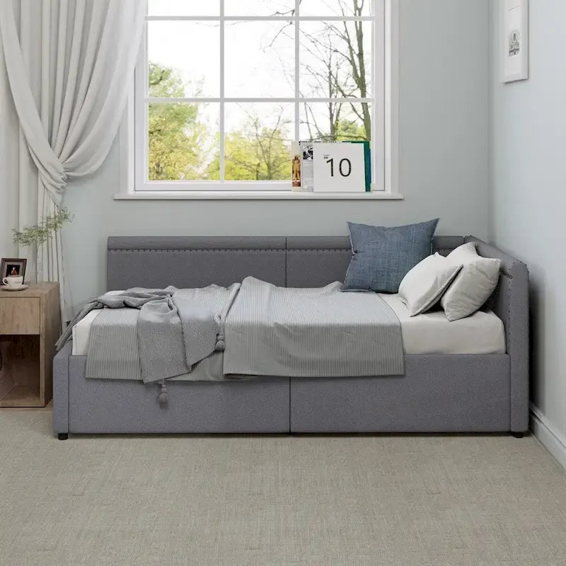 Lit de repos rembourré d'angle en forme de L, taille moderne double, avec deux tiroirs de rangement