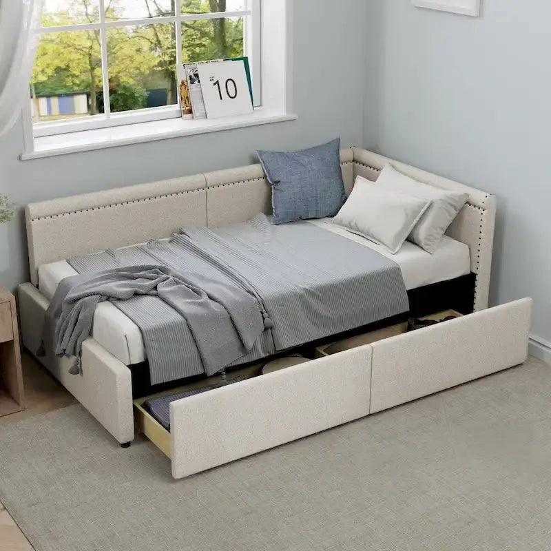 Lit de repos rembourré d'angle en forme de L, taille moderne double, avec deux tiroirs de rangement