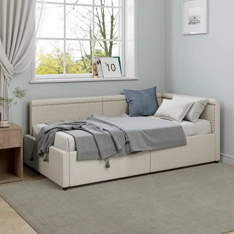 Lit de repos rembourré d'angle en forme de L, taille moderne double, avec deux tiroirs de rangement