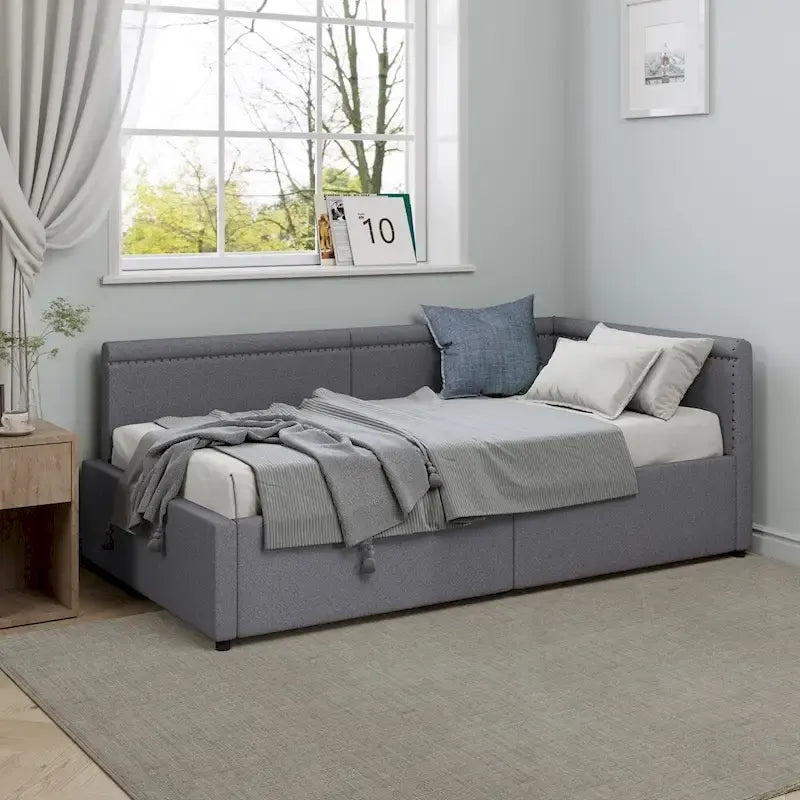 Lit de repos rembourré d'angle en forme de L, taille moderne double, avec deux tiroirs de rangement