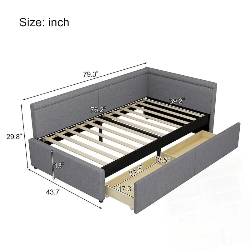 Lit de repos rembourré d'angle en forme de L, taille moderne double, avec deux tiroirs de rangement