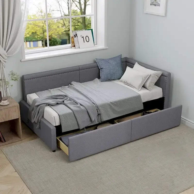 Lit de repos rembourré d'angle en forme de L, taille moderne double, avec deux tiroirs de rangement
