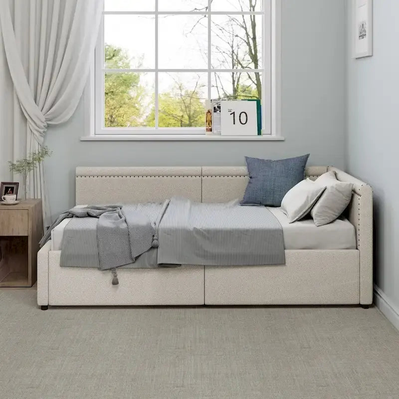Lit de repos rembourré d'angle en forme de L, taille moderne double, avec deux tiroirs de rangement