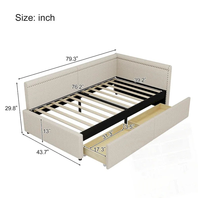Lit de repos rembourré d'angle en forme de L, taille moderne double, avec deux tiroirs de rangement
