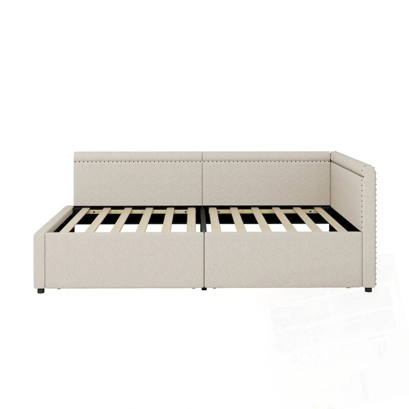 Lit de repos rembourré d'angle en forme de L, taille moderne double, avec deux tiroirs de rangement