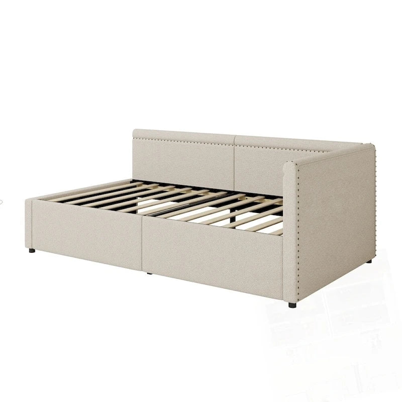 Lit de repos rembourré d'angle en forme de L, taille moderne double, avec deux tiroirs de rangement