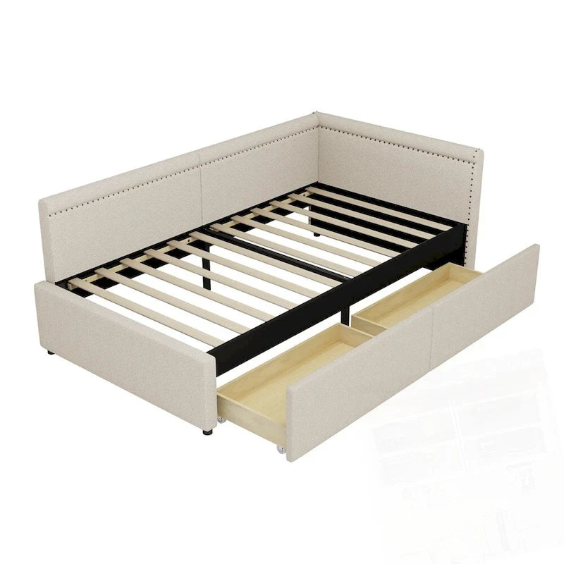 Lit de repos rembourré d'angle en forme de L, taille moderne double, avec deux tiroirs de rangement