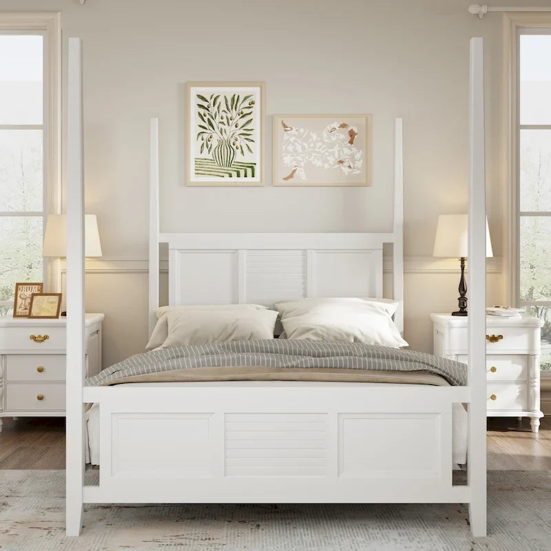 Lit à baldaquin Queen Size Roomfitters, cadre en bois traditionnel, design à lattes horizontales, blanc