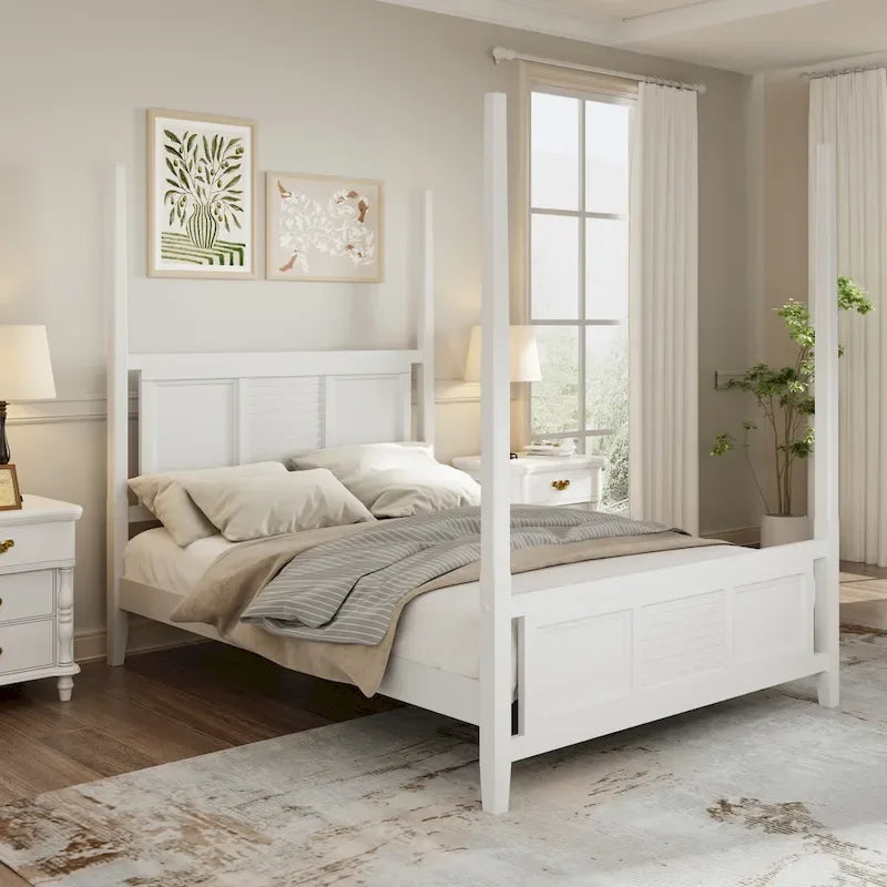 Lit à baldaquin Queen Size Roomfitters, cadre en bois traditionnel, design à lattes horizontales, blanc