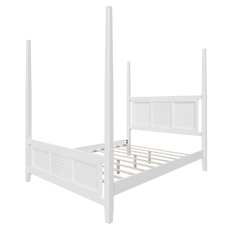Lit à baldaquin Queen Size Roomfitters, cadre en bois traditionnel, design à lattes horizontales, blanc