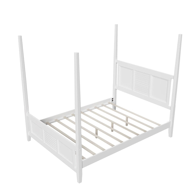 Lit à baldaquin Queen Size Roomfitters, cadre en bois traditionnel, design à lattes horizontales, blanc