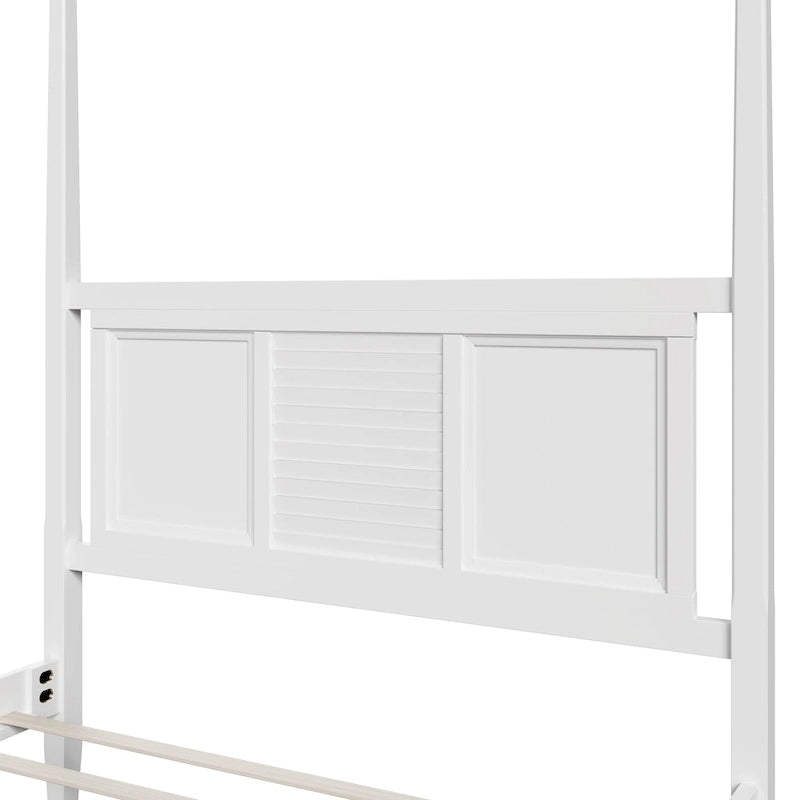 Lit à baldaquin Queen Size Roomfitters, cadre en bois traditionnel, design à lattes horizontales, blanc