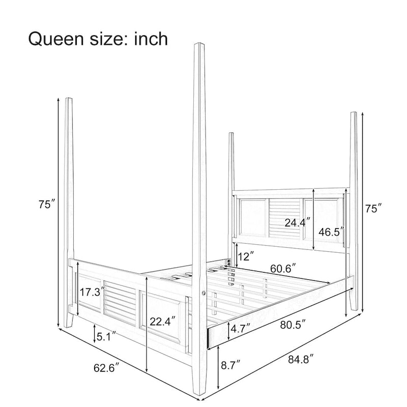 Lit à baldaquin Queen Size Roomfitters, cadre en bois traditionnel, design à lattes horizontales, blanc