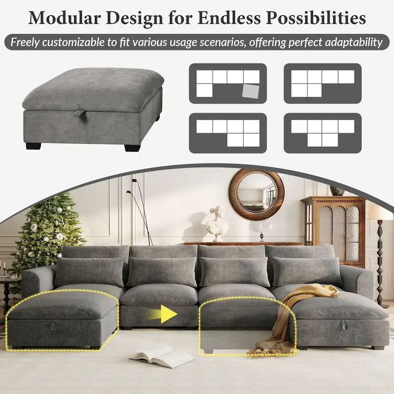 Canapé d'angle modulaire en U Roomfitters avec deux poufs, librement transformable pour salons, bureaux, salles de cinéma maison
