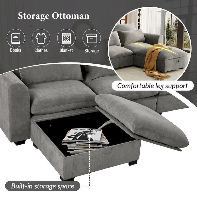 Canapé d'angle modulaire en U Roomfitters avec deux poufs, librement transformable pour salons, bureaux, salles de cinéma maison