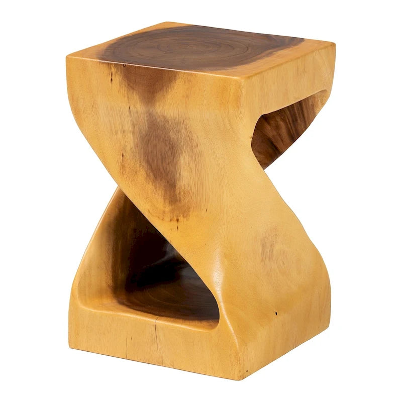 Table d'appoint Rapha sculptée à la main en bois de suar - Table d'appoint sculpturale avec motif torsadé, style bohème moderne pour salon ou chambre à coucher