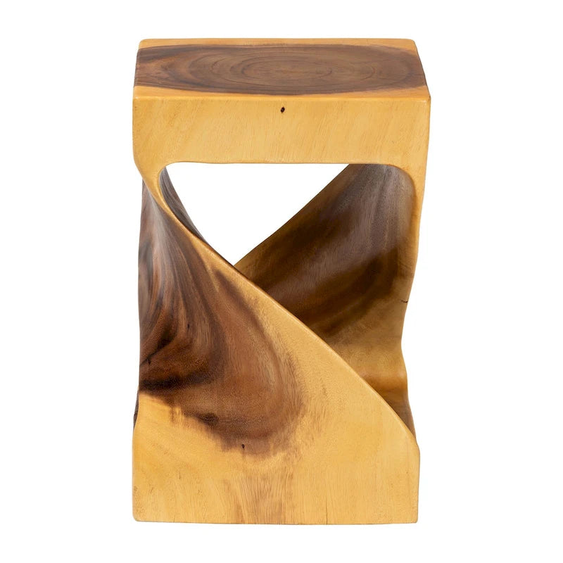 Table d'appoint Rapha sculptée à la main en bois de suar - Table d'appoint sculpturale avec motif torsadé, style bohème moderne pour salon ou chambre à coucher