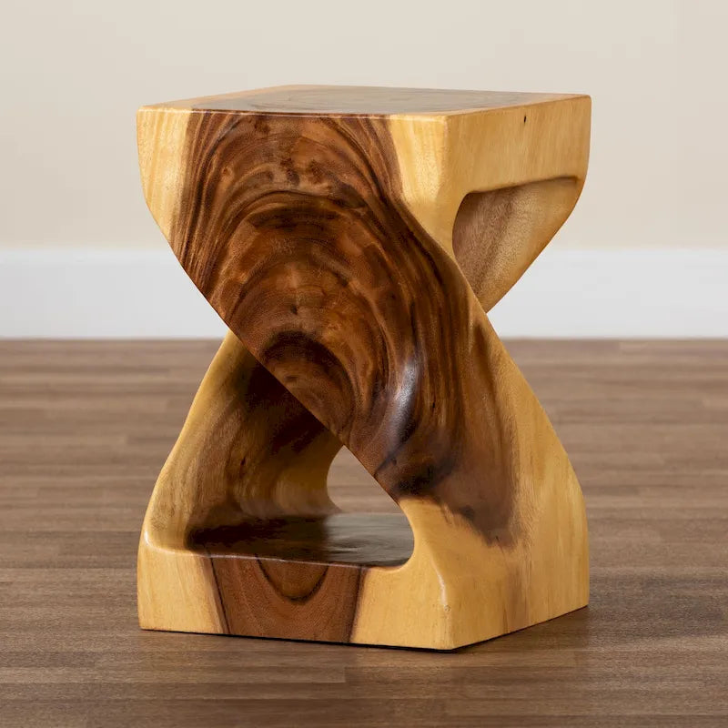 Table d'appoint Rapha sculptée à la main en bois de suar - Table d'appoint sculpturale avec motif torsadé, style bohème moderne pour salon ou chambre à coucher