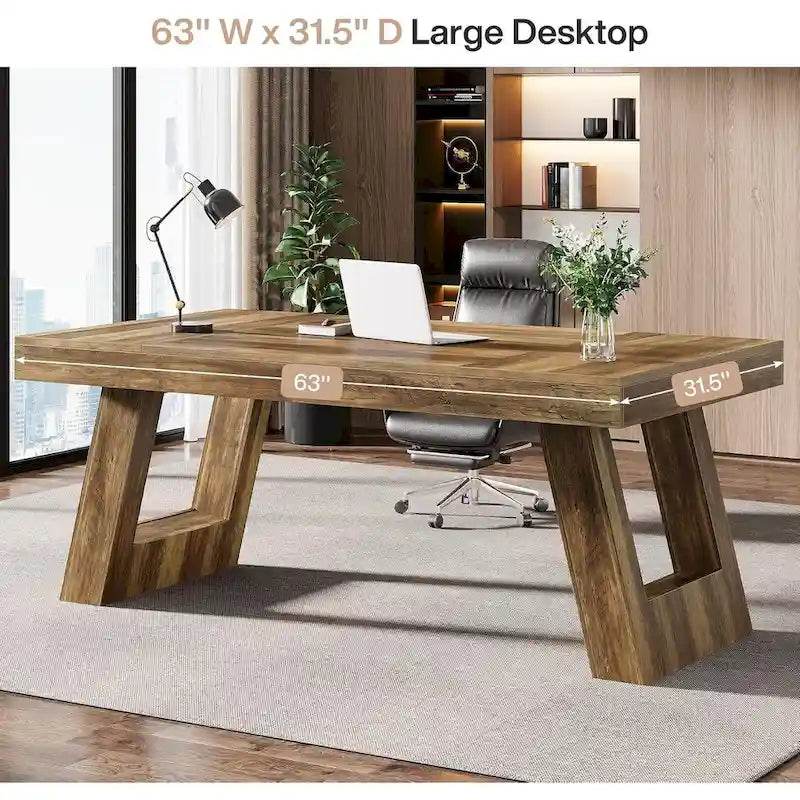 Bureau de direction en bois de 63 pouces, grand bureau d'ordinateur pour bureau à domicile