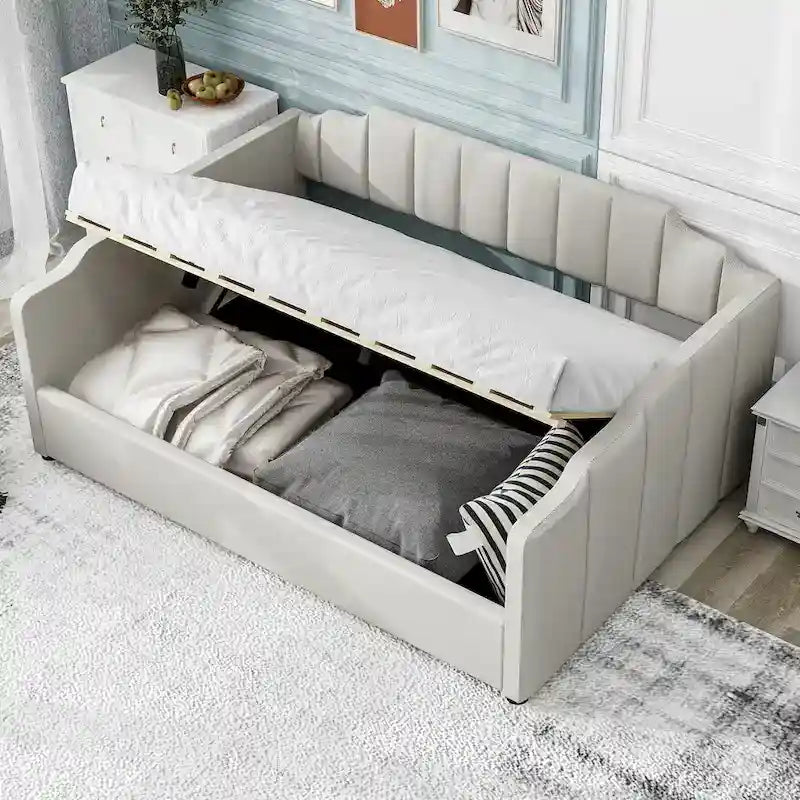 Canapé-lit rembourré avec rangement, taille double, beige