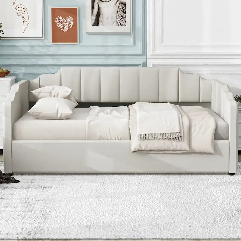 Canapé-lit rembourré avec rangement, taille double, beige