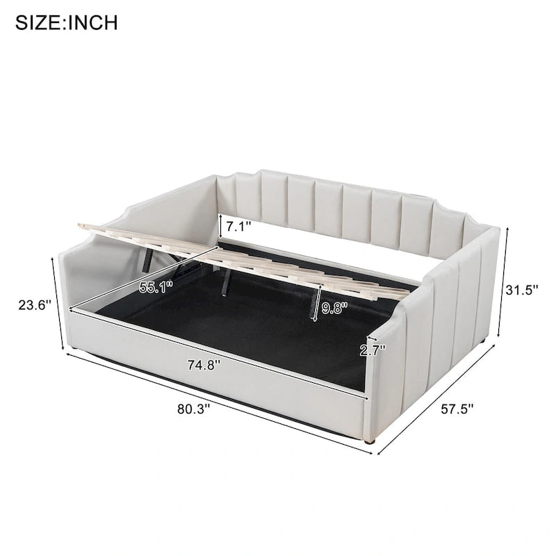 Canapé-lit rembourré avec rangement, taille double, beige