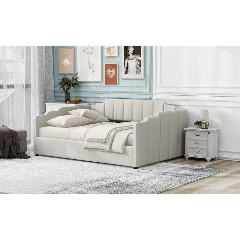 Canapé-lit rembourré avec rangement, taille double, beige
