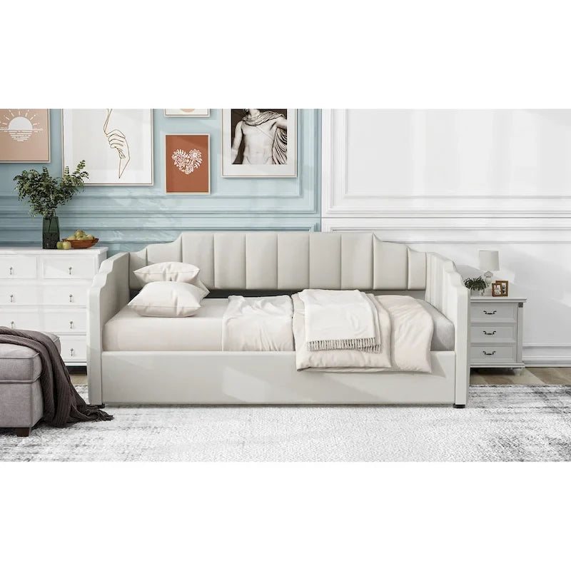 Canapé-lit rembourré avec rangement, taille double, beige