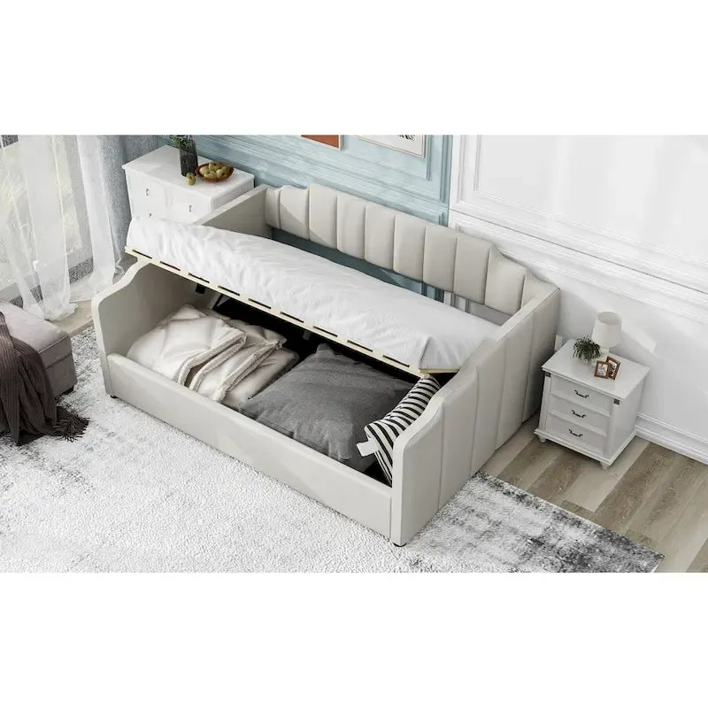 Canapé-lit rembourré avec rangement, taille double, beige