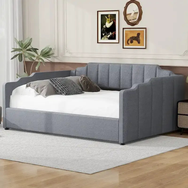 Canapé-lit rembourré avec rangement, taille double, beige
