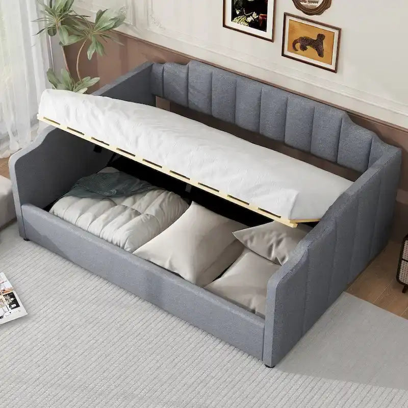 Canapé-lit rembourré avec rangement, taille double, beige