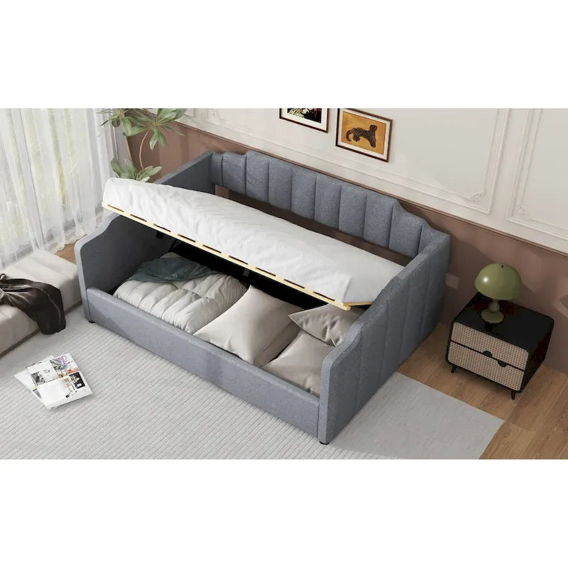 Canapé-lit rembourré avec rangement, taille double, beige