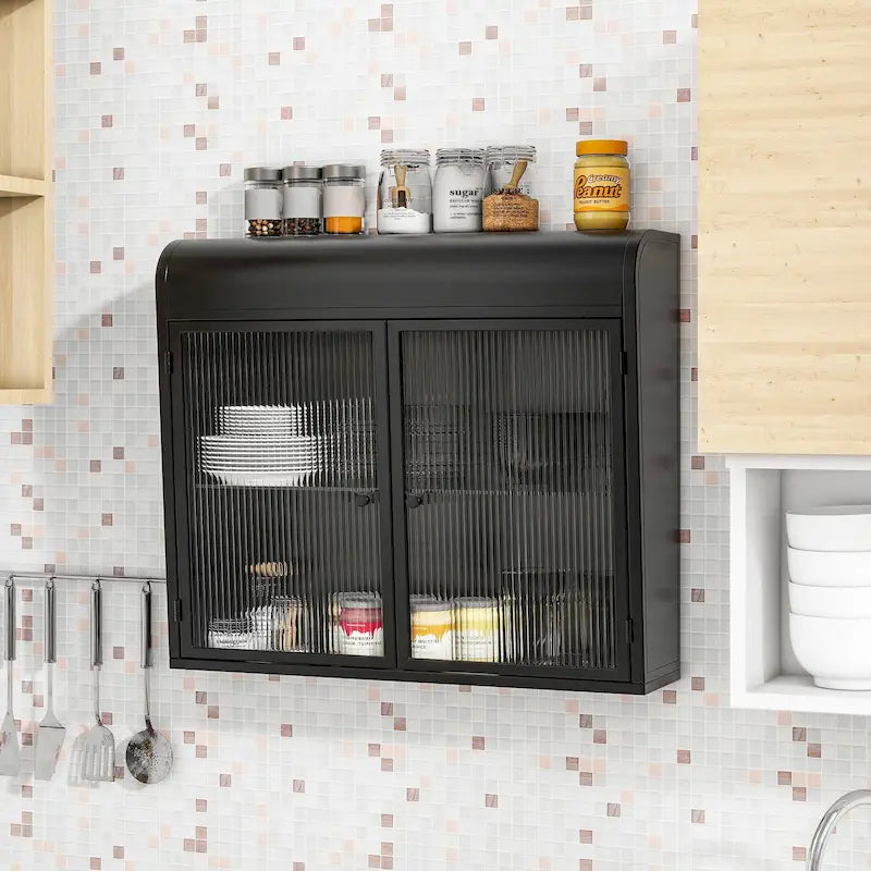 Meuble de rangement mural à 2 portes en métal avec portes et étagères en verre trempé pour salle de bain, cuisine, salon et bureau