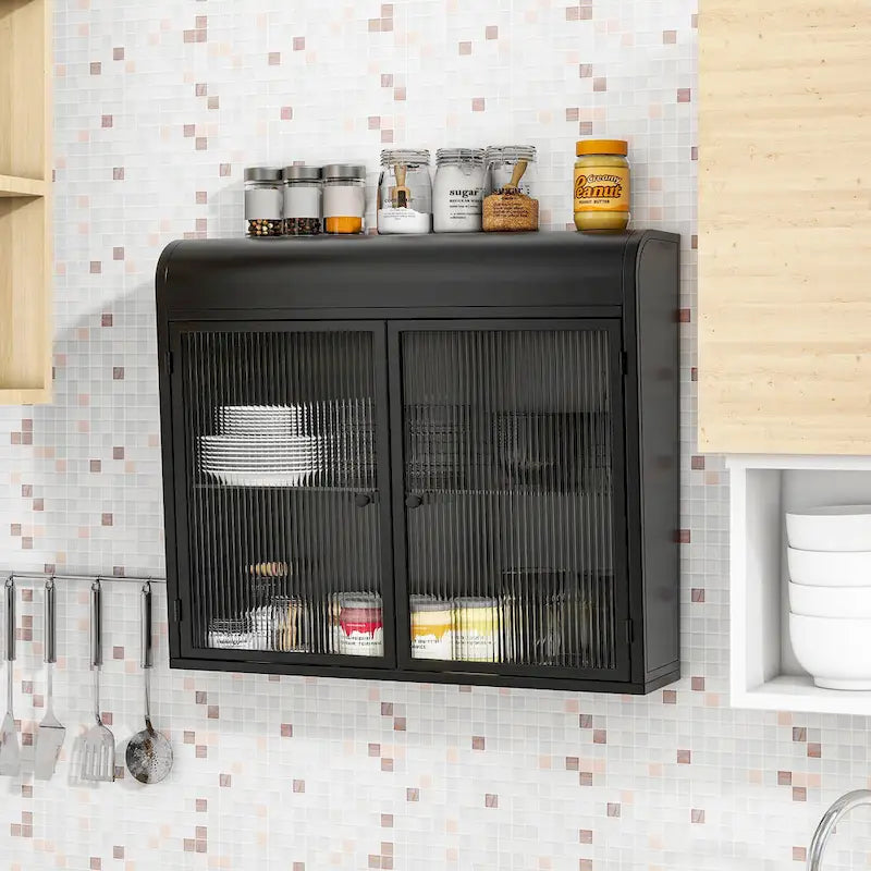 2-Door Wall-Mounted Metal Storage Cabinet with Tempered Glass Doors & Shelves for Bathroom, Kitchen, Living Room & Office