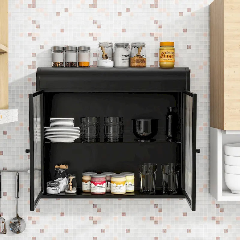 Meuble de rangement mural à 2 portes en métal avec portes et étagères en verre trempé pour salle de bain, cuisine, salon et bureau