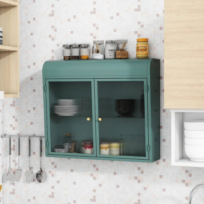 Meuble de rangement mural à 2 portes en métal avec portes et étagères en verre trempé pour salle de bain, cuisine, salon et bureau
