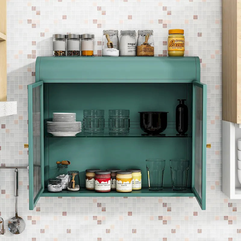 Meuble de rangement mural à 2 portes en métal avec portes et étagères en verre trempé pour salle de bain, cuisine, salon et bureau
