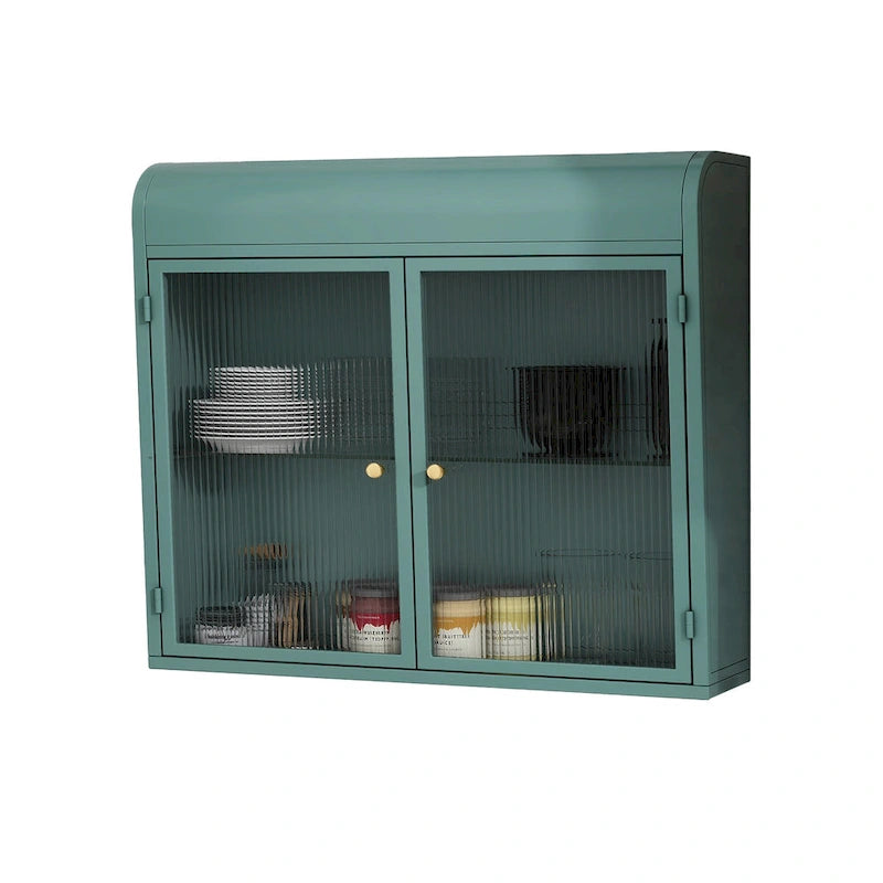 Meuble de rangement mural à 2 portes en métal avec portes et étagères en verre trempé pour salle de bain, cuisine, salon et bureau
